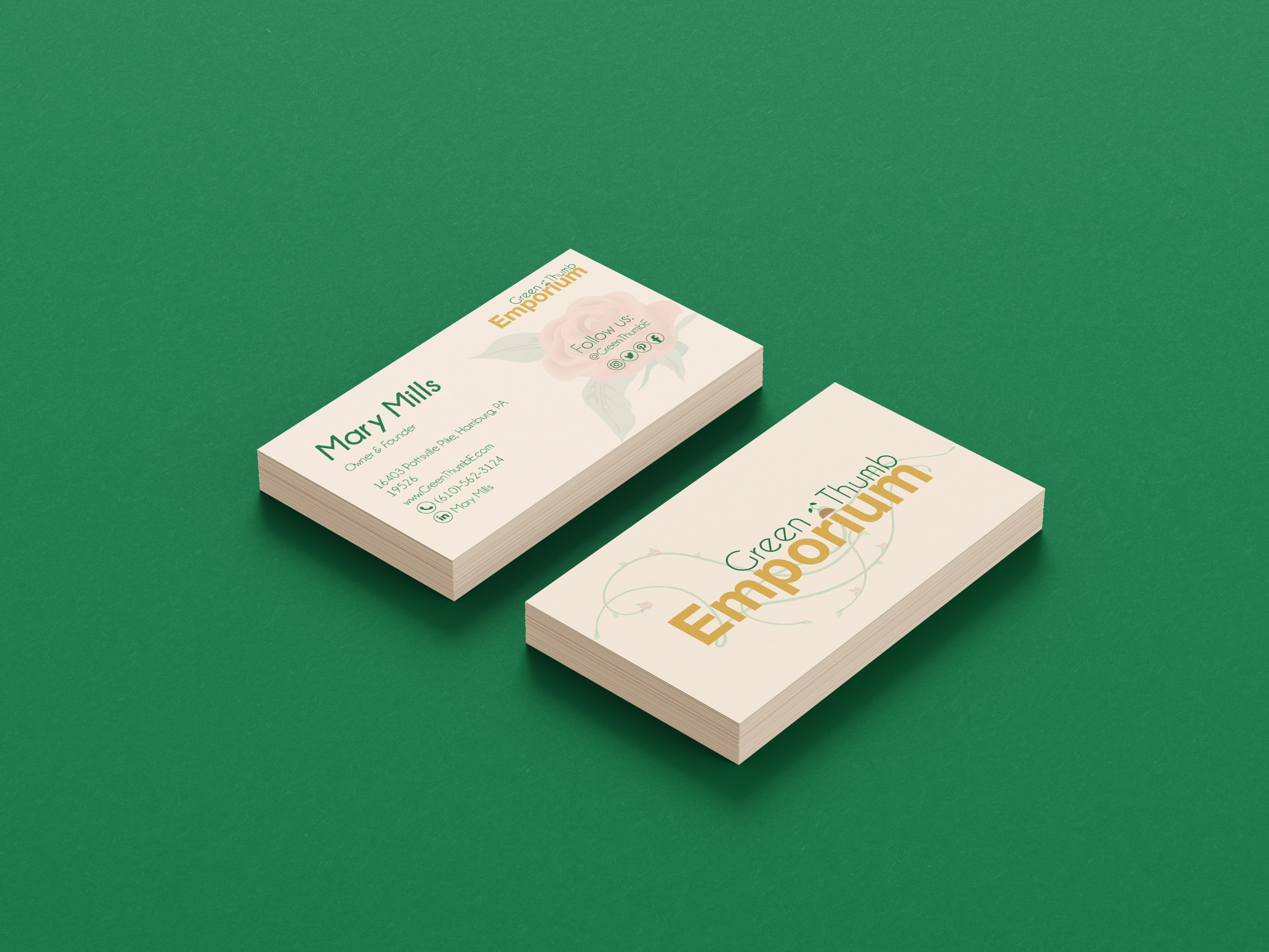 Green Thumb Emporium Business Card Mockup